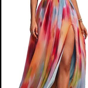 Multicolor Sleeveless Maxi Dress With Rhinestone Straps & High Slit
